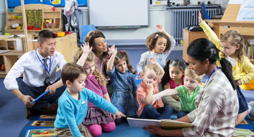 Child care setting with parents and teachers and children together